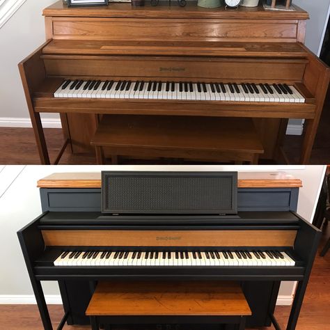 Refinished Piano Ideas, Refinish A Piano, Piano Renovation, Refinished Piano, Refurbish Piano, Repainted Piano, Piano Painting Ideas, Piano Refinishing, Painted Black Piano