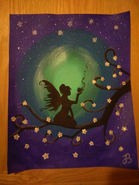 Fantasy Painting Ideas Easy, Fantasy Acrylic Painting Ideas, Fairy Painting Ideas On Canvas, Fairytale Painting Easy, Fantasy Acrylic Painting Ideas Easy, Paint And Sip Ideas Easy, Easy Fairy Painting, Diy Nursery Painting, Fairy Canvas Painting