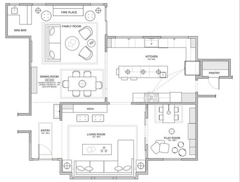 FLOOR PLAN WITH MAIN LIVING AREAS & PLAYROOM Floor Plan With Furniture Layout, Floor Plan With Separate Kitchen, House Layout With Playroom, Playroom On Main Floor, Playroom Off Kitchen Floor Plan, Playroom Next To Kitchen, House Plan With Playroom, Floor Plan With Playroom, Main Floor Playroom