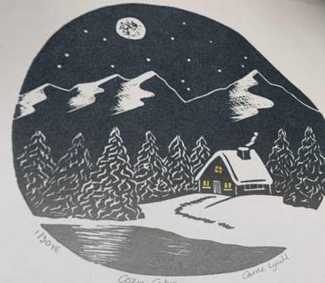 Cozy Cabin Christmas, Nordic Cabin, Cute Cabins, Christmas Card Illustration, Print Christmas Card, Lino Art, Watercolour Ink, Cabin Christmas, Stamp Carving