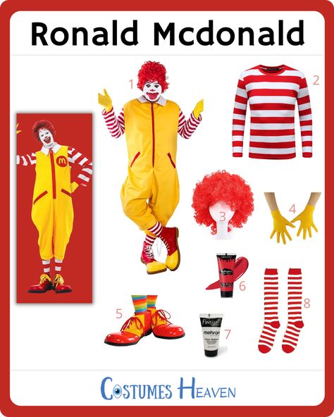 Mcdonalds Clown Costume, Mcdonald's Halloween Costume, Diy Ronald Mcdonald Costume, Mcdonald’s Costume, Mcdonalds Costume, Ronald Mcdonald Cosplay, Mcdonald Costume, Hamburglar Costume, Clown Diy