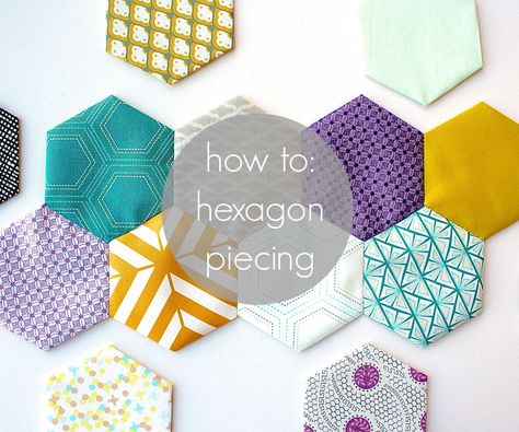 Hexagon piecing is super easy and fun! It's a great craft to do while hanging out on the couch, and it's extremely portable, so you can craft pretty much anywhere! :DYou can use the sewn hexagons for all sorts of things: patches on clothes, as applique on other sewn goods, as a quilt top, as placemats, as garlands, etc. In this tutorial I'll go over how to sew the individual hexagons and how to sew them together - keep reading and prepare to get addicted. Hexagon Quilt Tutorial, Octagon Quilt, Hexagon Quilt Pattern, Patches On Clothes, Hexagon Patchwork, Hexagon Quilt, Paper Piecing Quilts, Hexagon Pattern, Quilting For Beginners