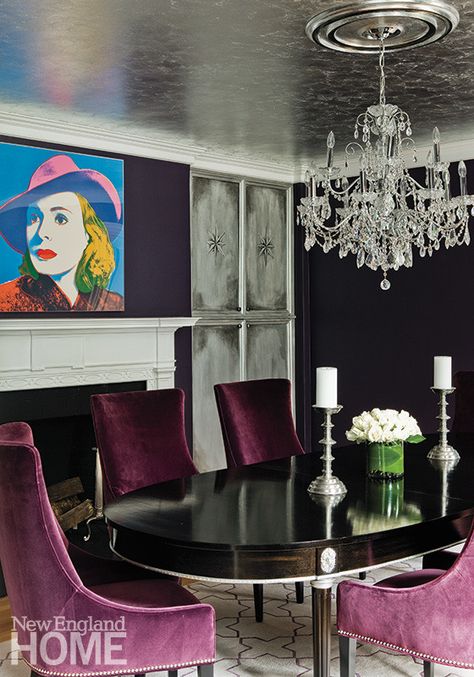 The designer's flair for glamour is on full display in the dining room with its gilded ceiling, velvet chairs, and deep aubergine walls. Hollywood Glam Interior Design, Glam Interior Design, Leaf Ceiling, Glam Dining Room, Aubergine Color, Boston Interiors, Dream Dining Room, New England Home, Traditional Dining Rooms