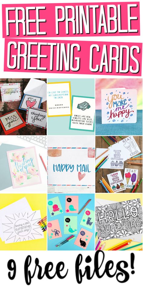 Get these 9 free greeting card files then print them at home! A great way to put a smile on someone's face just because! #greetingcards #printable #freeprintable Hello Printable, Christian Birthday Cards, Encouragement Printables, Send To Friends, Fun Activity For Kids, Joy Cards, Free Printable Cards, Printable Ideas, Free Cards