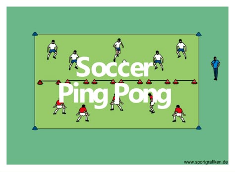 Soccer Ping Pong  A soccer game that meshes aspects of tennis and volleyball will be a hit with players - all while building technical skills like juggling and first touch.  Print/Download This Drill    Basic Information  Age Group: (5-7yrs) (8-11yrs) Pe Games Middle School, Soccer Lessons, Soccer Practice Plans, Soccer Exercises, Fun Soccer Drills, Fun Soccer Games, Soccer Passing Drills, Coaching Youth Soccer, Soccer Coaching Drills