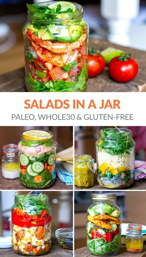 5 Mason Jar Salad Recipes - Gluten-free, Paleo, Whole30, Low-card. Includes spicy chicken salad, Mexican shrimp avocado and tomato salsa, canned salmon and cucumber with creamy dressing, roasted vegetables and almonds, and sardines with celeriac and avocado dressing. Nutritional breakdown for each salad is provided. #masonjars #masonjarsalads #salads #salad #saladrecipes #lunchsalads #officelunch #lunch Salad Mason Jar, Gf Lunch Ideas, Spicy Chicken Salad, Whole 30 Salads, Salmon And Cucumber, Salads In A Jar, Salad Mexican, Jar Salad Recipes, Healthy Salad Dressings