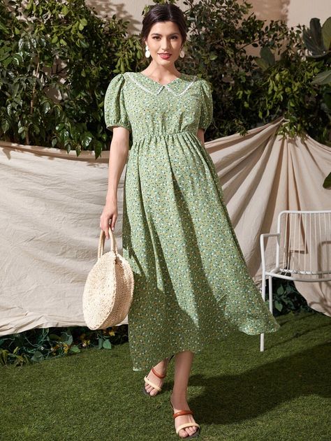 SHEIN Maternity Peter Pan Collar Puff Sleeve Ditsy Floral Dress | SHEIN Modest Maternity Dresses, Summer Dresses 2022, Maternity Fashion Dresses, Maternity Work Wear, Cute Maternity Dresses, Women Summer Dresses, Shein Maternity, Dresses For Pregnant Women, Flounce Hem Dress