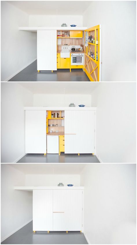 Hideaway Kitchen, Space Saving Apartment, Kitchen Furniture Storage, Decor Studio, Studio Living, Folding Furniture, Compact Living, Tiny Spaces, Kitchen Furniture Design