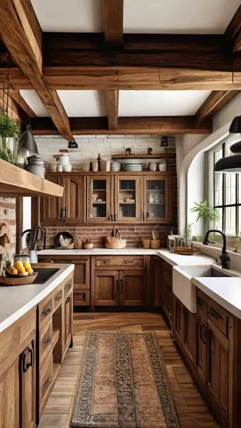 Bathroom Ideas With Wood Cabinets, Colonial Style Kitchen Cabinets, Distressed Wood Kitchen Cabinets, Horseshoe Shaped Kitchen, Cozy Kitchen Farmhouse, Rustic L Shaped Kitchen, Farmhouse Wooden Kitchen, Exposed Wood Beams Kitchen, Farmhouse L Shaped Kitchen