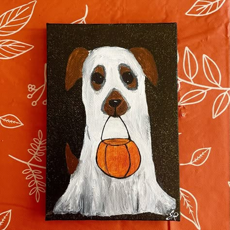 Original Artwork Painted With Acrylic Paint And Sealed With A Glossy Top Coat On A Stretched Canvas Fall Art On Canvas, Dog Ghost Painting, Tiny Halloween Paintings, Cute Holiday Paintings, Halloween Theme Painting, Mini Canvas Art Halloween, Canvas Painting With Black Background, Bf Painting, What To Paint Easy