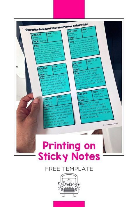 Who doesn't love a good teacher hack? Use this step-by-step tutorial to learn how to print on sticky notes to make life easier in the classroom. You can print on sticky notes to save time on parent communication, anecdotal notes, checklists, and rubrics. To help you get started, I have a FREE sticky notes template printable that you can use to mark your teaching points throughout your interactive read alouds. Just print the template, fill out your sticky notes, and place them in your book. a Sticky Notes Template, Print On Sticky Notes, Sticky Note Template, Notes Template Printable, Anecdotal Notes, Writing Conventions, Guided Reading Lessons, Good Teacher, Interactive Read Aloud