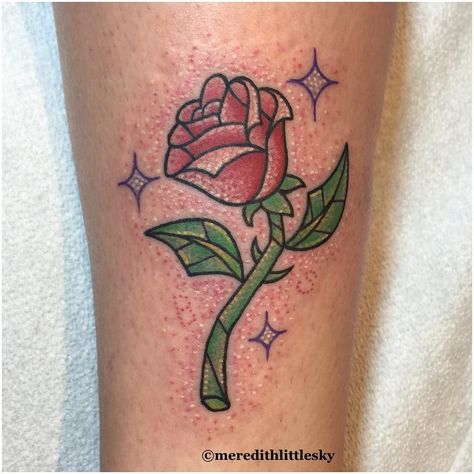 Shannon got a glittery stained glass rose to pair with Brittany's shell! Thanks for being so fun to work with!!! Glitter tattoos for everyone!  #meredithlittlesky #terrariumtattoo #colorado #coloradotattoo #tattoo #fortcollinstattoo #fortcollins #tattoofortcollins #customtattoo #customart #tattooart #magicktattoo #girlswhotattoo #femaletattooartist #kawaii #kawaiitattoo #cutetattoo #LadyTattooers #rosetattoo #disneytattoo #beautyandthebeast #beautyandthebeasttattoo #glittertattoo #disney #belljartattoo #dotworktattoo by meredithlittlesky Enchanted Rose Tattoo, Magick Tattoo, Colorado Tattoo, Beauty And The Beast Tattoo, Stained Glass Rose, Beauty Drawings, Kawaii Tattoo, Female Tattoo Artists, Glass Rose