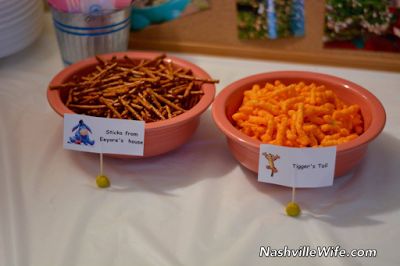 Snacks for a Winnie the Pooh themed birthday party ("Turning 2 With Winnie the Pooh): Sticks from Eeyore's House, Tigger's Tail Winnie The Pooh Birthday Food Ideas, Winnie The Pooh Snack Ideas, Pooh Themed Food, Winnie The Pooh Snacks, Winnie The Pooh Brunch Food, Winnie The Pooh Food, Eeyore Themed Food, Winnie The Pooh Party Food, Eeyore House Sticks