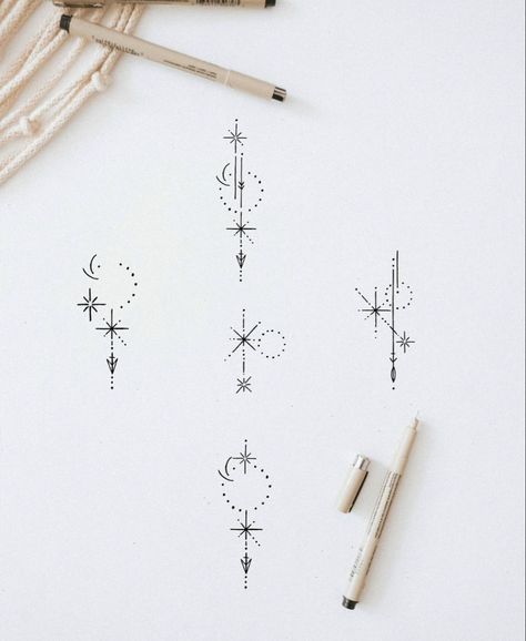 Star Geometric Tattoo, Boho Celestial Tattoo, Whistler Tattoo Ideas, Tiny Universe Tattoo, Small Element Tattoos, Celestial Line Art Tattoo, Minimalist Celestial Tattoo, Astrology Stars Tattoo, Spine Tattoos Stars