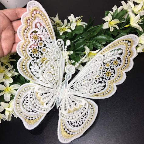 Freestanding Lace Giant Butterfly Lace Angels, Fsl Embroidery, Giant Butterfly, Stitch Delight, Freestanding Lace Embroidery, Free Standing Lace, Lace Designs, Embroidery Transfers, Learn Embroidery