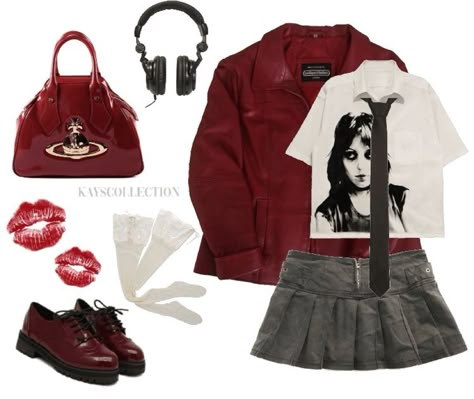 Red Outfit With Skirt, White Red Black Outfit, Red Black White Outfit Ideas, White Black And Red Outfit, Black And Red Leather Outfit, Red Tv Aesthetic Outfits, Red Vivienne Westwood Bag, Red Kpop Concert Outfit, Skirt Tie Outfit