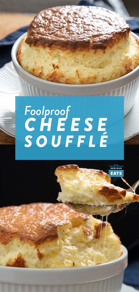 This savory cheese soufflé is easy to make and practically foolproof—we promise, it will rise to lofty and flavorful heights. Yes, you can open the oven door; no, you don't need to walk on eggshells while making it (though you should try to keep the eggshells out of the soufflé mixture). Mini Souffle Recipes, Vegetable Souffle Recipes, Souffle Recipes Dinner, Easy Cheese Souffle, Cheese Suflet, Egg And Cheese Souflee, Cheese Souffle Recipe Easy, Savory Souffle Recipes, Breakfast Souffle Recipes