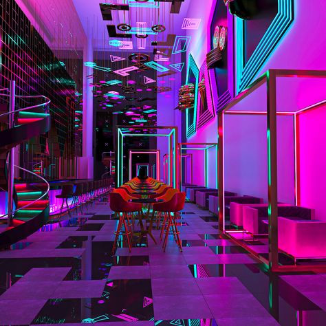 Concept NEON Bar on Behance Aesthetic Lounge, Night Club Aesthetic, Aesthetic Neon, Nightclub Bar, Nightclub Design, Only Aesthetic, New Retro Wave, Bar Interior, Laser Tag