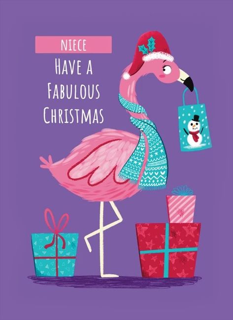 Flamingo Niece Christmas by Hannah Jayne Lewin Illustration Merry Christmas Flamingo, Flamingo Christmas Decorations, Tropical Christmas Cards, Sugarplum Christmas, Wearing A Scarf, Chocolate Bar Card, Good Luck New Job, Bar Card, Flamingo Design