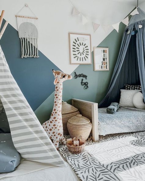 Toddler Boy Blue Room, Blue And Green Accent Wall, Room For Boys Kids, Little Boy Room Colors, Children Bedroom Design For Kids, Accent Wall In Kids Bedroom, Kids Room For Boys, Dark Green Kids Bedroom, Toddler Boy Room Colors Schemes