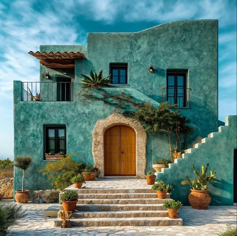 Mexican House Exterior, Hacienda Style Homes, Adobe House, Colors Schemes, Santa Fe Style, Hacienda Style, Mediterranean Home, Urban Sketching, Sims House