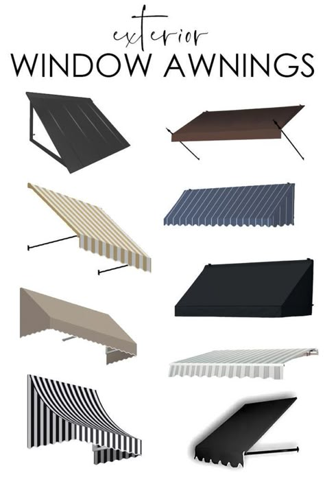 A collection of exterior window awnings that are both stylish and functional to help filter light and look great on the interior of your home! #homeexterior #awning #homeexteriorideas #windowtreatments Vintage Awning Ideas, Exterior Awnings For Windows, Shop Exterior Store Fronts, Barbershop Exterior, Exterior Window Awnings, Cafe Awning, Exterior Restaurant, Residential Awnings, Play Cafe