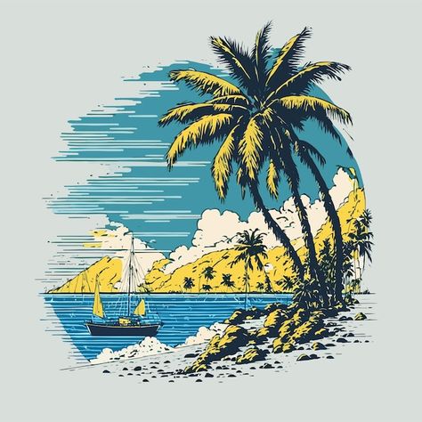 Vector tropical island with trees tshirt... | Premium Vector #Freepik #vector #hawaii #island #beach-tree #beach Palm Tree Illustration, Beach Tree, Tree Tshirt, Flame Art, Tree Illustration, Hawaii Island, Business Card Maker, Flyer Maker, Tropical Island