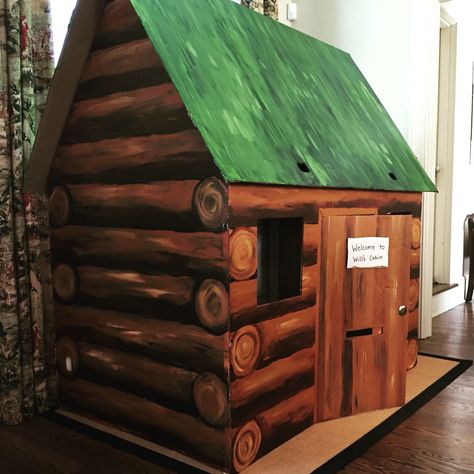 Will's cabin: 2 cardboard tv boxes and way more acrylic paint than I thought I would need Log Cabin Parade Float, Cardboard Log Cabin, Diy Log Cabin Decor, Cabin Dollhouse Diy, Cardboard Mountain, Cardboard Fort, Cardboard Box Fort, Christmas Cabin Decor, Cabin Dollhouse