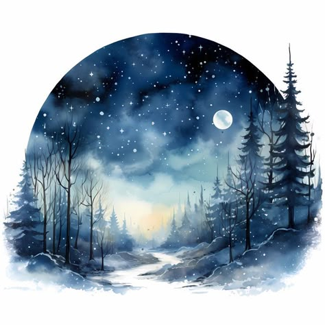 Watercolor Winter Landscape, Winter Scene Paintings, Winter Drawings, Landscape Clipart, Winter Landscapes, Digital Printable Art, Christmas Landscape, Watercolor Winter, Winter Clipart