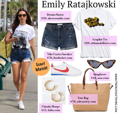 Outfit Ideas - 10 - The Budget Babe | Affordable Fashion & Style Blog Graphic Tee Denim Shorts, Nike Looks, White Graphic Tee, Sneakers Looks, Budget Fashion, Emily Ratajkowski, Nike Sneakers, Style Blog, White Nikes