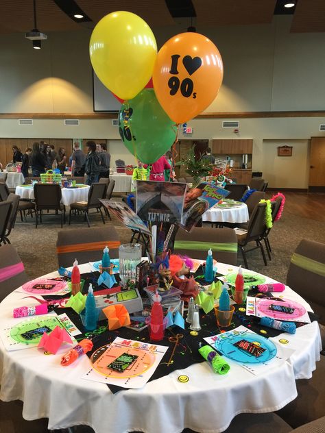 90s Themed Tablescape 90s Theme Class Reunion, 90s Theme Prom, 90s Theme Party Table Decor, 90s Movie Party, 90s Themed Centerpieces, 80s Dinner Party Table Settings, 90s Party Table Decor, 90s Graduation Party, 90s Theme Party Decorations Table Centerpieces