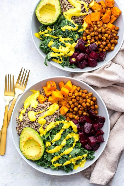 Sheet Pan Buddha Bowls with Turmeric Tahini Dressing Vegan Diner, Avocado Dessert, Healthy Food Alternatives, Avocado Quinoa, Buddha Bowls, Vegan Lunches, Healthy Bowls, Make Ahead Lunches, Tahini Dressing