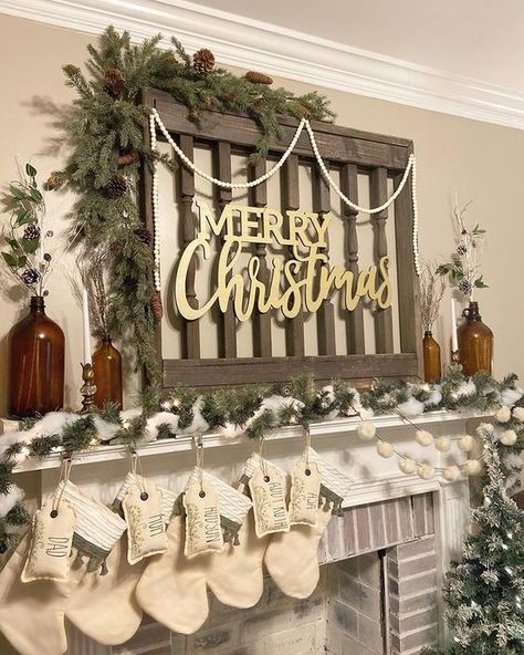 Fireplace Mantle Christmas, Mantle Christmas Decor Ideas, Christmas Mantel Decorating Ideas, Rustic Window Frame, Mantle Christmas, Simple Fireplace, Fireplace Mantle Decor, Rustic Window, Christmas Mantle Decor