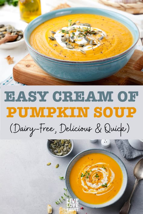 Pumpkin Soup Healthy, Cream Of Pumpkin Soup, Canned Pumpkin Recipes, Vegan Pumpkin Soup, Dairy Free Pumpkin, Pumpkin Recipes Healthy, Dairy Free Cream, Pumpkin Soup Recipe, Fresh Pumpkin