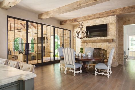 Adjacent breakfast room connects to the loggia. French Country Interiors, Steel Frame Doors, Country Interior Design, Harrison Design, Home Design Magazines, Country Interior, Rustic Home Design, French Farmhouse, Interior Photo