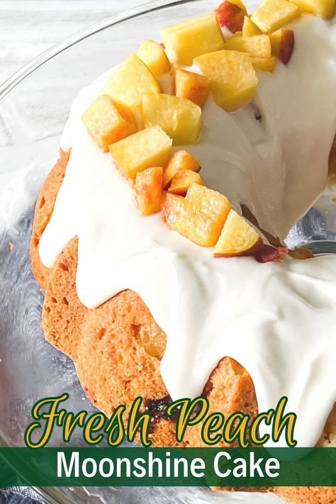 Peach Bundt Cake With Moonshine Glaze Peach Bundt Cake, Peaches Baked, Peach Moonshine, Peach Cake Recipes, Bundt Cake Recipe, Southern Desserts, Peach Desserts, Peach Cake, Fresh Peaches