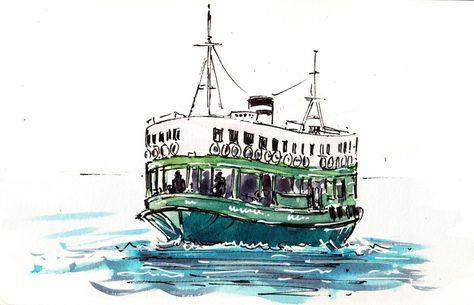 Catching up! Sketched this one on a short stopover in Hong Kong on the way back from a 'big birthday' holiday trip to New Zealand in Oct 2012. These busy little ferry boats cross between Kowloon and Hong Kong Island all day long. Hong Kong Tattoo, Trip To New Zealand, Skyline Drawing, Star Ferry, Boat Illustration, Hong Kong Art, Boat Drawing, Travel Art Journal, City Sketch