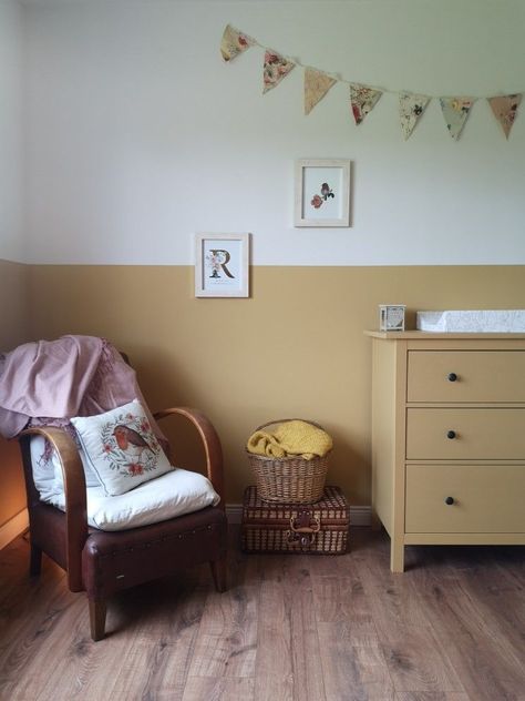 Two tone yellow mustard bedroom on farrow and ball sudbury yellowpainted ikea wardrobea buntinga canopy Bedroom Ideas Mustard Yellow, Mustard Yellow Nursery Gender Neutral, Nursery Farrow And Ball, Nursery Mustard Yellow, Mustard Yellow Playroom, Farrow And Ball Sudbury Yellow, Two Tone Nursery Walls, Mustard Playroom, Bedroom Ideas Mustard