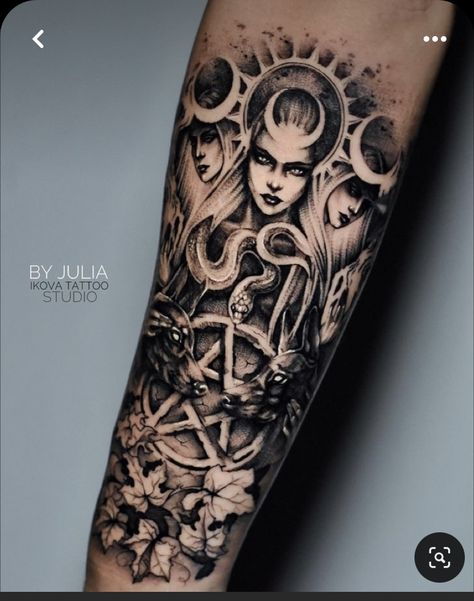 Half Sleeve Witch Tattoo, Hecate Goddess Tattoo Sleeve, Pagan Goddess Tattoo, Hecate Tattoo Ideas, Lillith Goddess Tattoo, Hecate Tattoo Symbols, Hekate Tattoo Symbols, Hekate Tattoo Triple Goddess, Hecate Tattoo Design