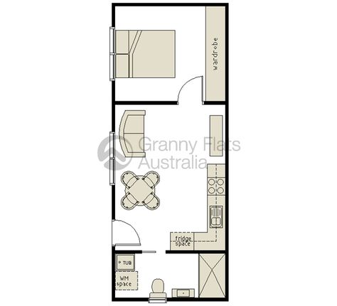 1 Bedroom Granny Flat – Granny Flats Australia Garage Conversion Granny Flat, Granny Flats Australia, Granny Flat Plans, Flat Plan, Garage To Living Space, Granny Flats, Small Cottages, Double Entry, Small House Floor Plans