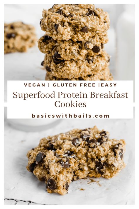 These superfood breakfast cookies are crunchy, nutty, and super yummy! The recipe is gluten-free, easy, and ready in under 20 minutes. They contains pumpkin seeds, shredded coconut, dark chocolate chips, oats, protein powder, and other healthy ingredients. #healthy #oatmeal #glutenfree #easyrecipes #easycookies #breakfastcookies #proteincookies Oatmeal Protein Cookies, Protein Breakfast Cookies, Breakfast Cookies Gluten Free, Protein Powder Cookies, Oatmeal Protein, Superfood Breakfast, Healthy Gluten Free Breakfast, Breakfast Cookie Recipe, Gluten Free Protein