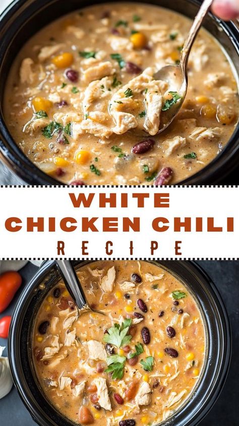 Warm up with this tasty White Chicken Chili! This easy recipe combines tender chicken, creamy white beans, and zesty spices for a flavorful and satisfying meal. Perfect for cozy nights or family gatherings. Enjoy it with toppings like cheese and cilantro! White Bean Chili Chicken Crockpot, Soup Recipes White Chicken Chili, White Chicken Chili With Beans, White Chicken Chili With Dry Beans, White Chilli Chicken Recipe Instapot, Rotisserie Chicken Chili Real Simple, White Chicken Chili With Black Beans, White Chicken Chicken Chili, Stove Top Chicken Chili