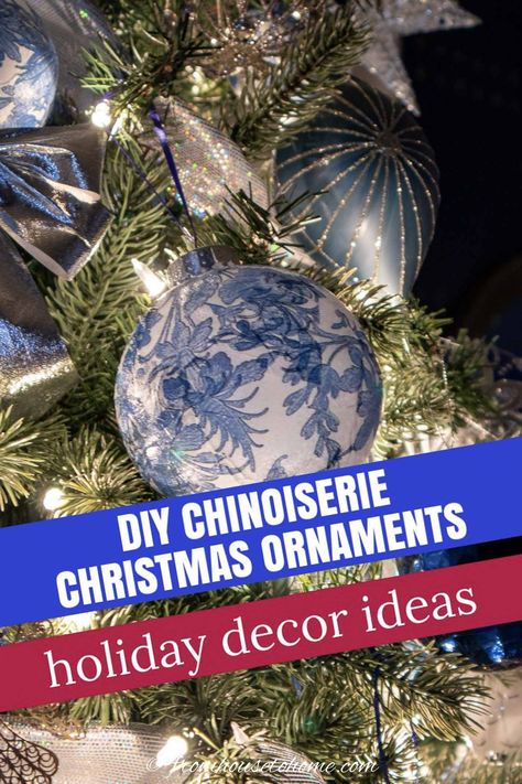 How to Make Budget Friendly Chinoiserie Christmas Ornaments | Christmas Chinoiserie Diy, Blue And White Christmas Tree, Diy Chinoiserie, Chinoiserie Ornaments, Blue Decorations, Blue And White Christmas, Chinoiserie Christmas, Blue Christmas Decor, Blue And White Chinoiserie