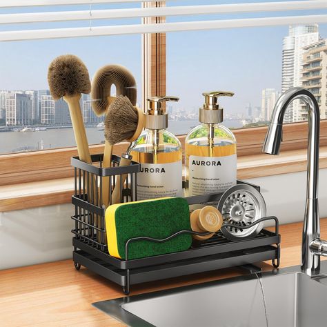 PRICES MAY VARY. 【Removable Heighten Brush Rack】To meet the long brush storage needs of more families, We add a new design of removable brush rack to our kitchen sink caddy. the 4.7 inches height can store more and higher brushes. You are able to make the most of every inch of space and make your kitchen more neat and cleaner with this shelf. 【Fast Self Draining System】Different from other normal sponge holder on the market, our sink caddy featured removable water tray which comes with 360° swiv Sink Caddy Kitchen, Kitchen Sink Sponge Holder, Kitchen Sink Rack, Sponge Organizer, Organiser Cucina, Dish Organization, Kitchen Sink Caddy, Sink Sponge Holder, Kitchen Sponge Holder