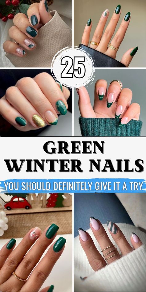 Cute Nail Ideas For Winter Simple, Green Nail Christmas, Plain Holiday Nails, Hot Green Nails, Trendy Nail Art Winter, Forest Green Nail Ideas, Winter Season Nails, Early December Nails, Winter Nails Green