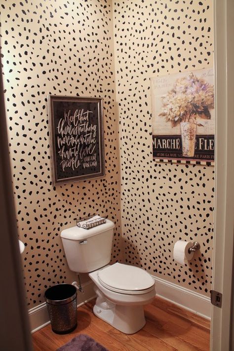 Gratefully Inspired: Powder Room Reveal // DIY Leopard "Wallpaper" Leopard Bathroom, Bathroom Wallpaper Trends, Lavatory Design, Downstairs Toilet, Small Toilet, Powder Room Design, Wallpaper Trends, Rooms Reveal, Bathroom Wallpaper