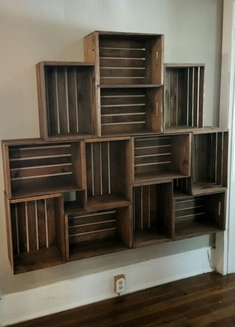 Floating crate shelving                                                                                                                                                                                 More Ikea Crates, Wooden Crate Shelves, Diy Wooden Crate, Diy Storage Shelves, Crate Bookshelf, Pallet Crates, Bookshelf Ideas, Crate Shelves, Crate Ideas