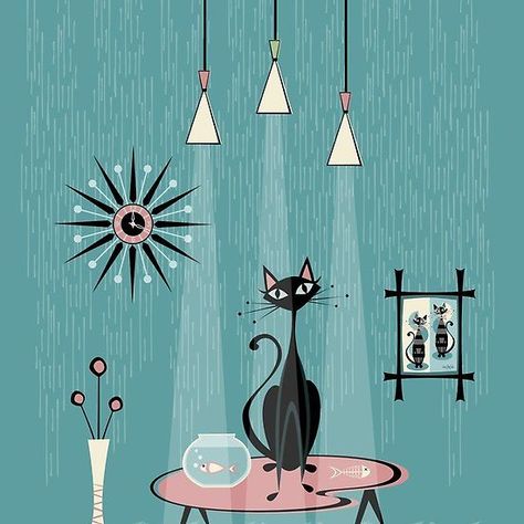 atomic cat art Mid Century Cat, Mid Century Illustration, Black Cat Art, Retro Cats, Mid Century Modern Art, Mid Century Art, Retro Mid Century, Vintage Cat, Cat Illustration