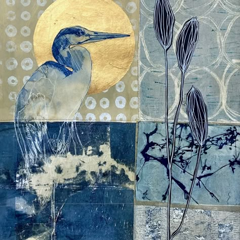 Birds | Rebecca Sower Artist Sketchbook Presentation, Alternative Printmaking, Japanese Collage, Rebecca Sower, Echo Art, Watercolour Birds, Encaustic Collage, Indigo Quilt, Gelli Printing Art