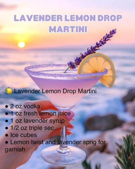 Lavender Lemondrop Martini, Lavender Lemon Drop Martini Recipe, Lavender Martini Recipe, Lavender Lemon Drop Martini, Lavender Lemon Drop, Martini Flavors, Lavender Martini, Rainbow Drinks, Lemon Drop Martini